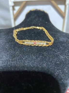 Vintage Gold Tone Rope Chain Bracelet with Channel Set Rhinestones and Ruby